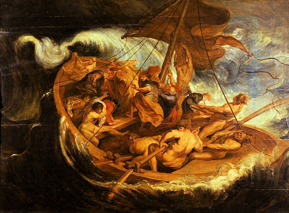 Painting of small sailing boat with people in it fighting a fierce storm