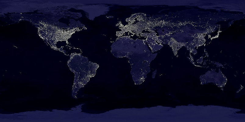 Nighttime view of entire Earth from space showing the lights of cities