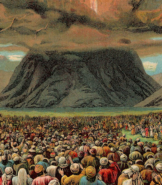 Huge throng of people standing before a mountain that is covered at the top with smoke and lightning