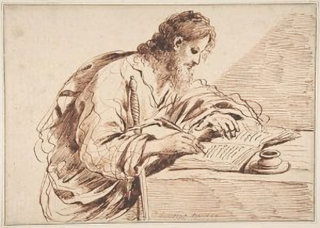 Drawing of man sitting at a desk writing with a quill