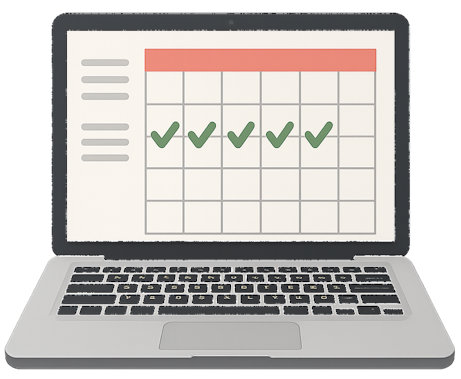 laptop with calendar on screen.  Five days in one week have a green check mark