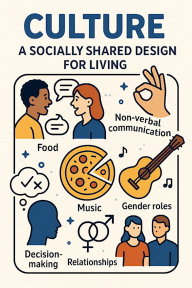 drawing with of people talking, a guitar, pizza and a hand signalling something