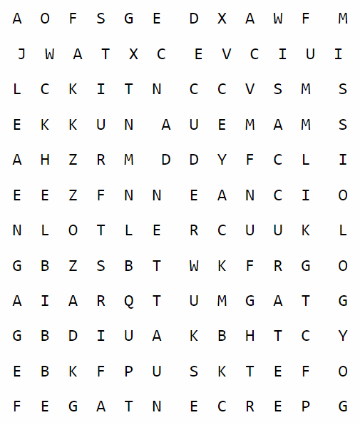 grid of letters for a
word search puzzle