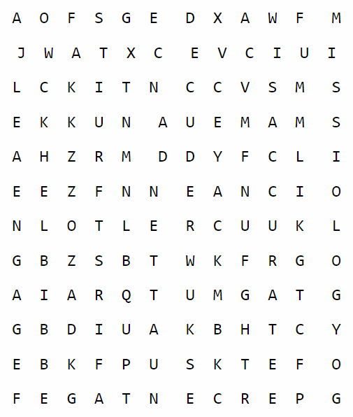 grid of letters for a
word search puzzle