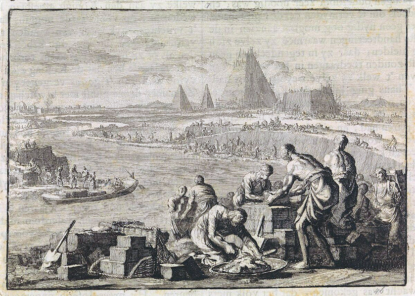 People making bricks from mud which are then being used to built pyramids in the background along a river nearby