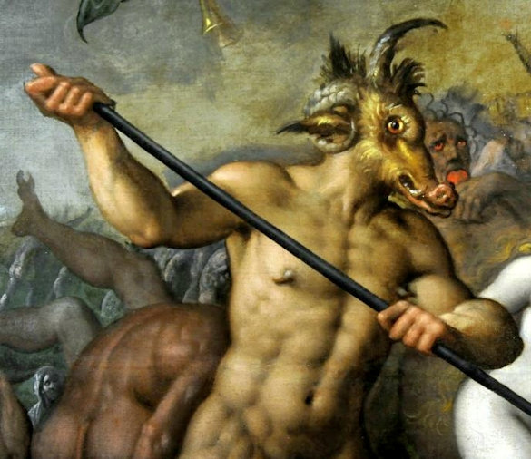 human body with horns a ram, goat's fur and ears, nose and canines of a pig, and mouth of a dog